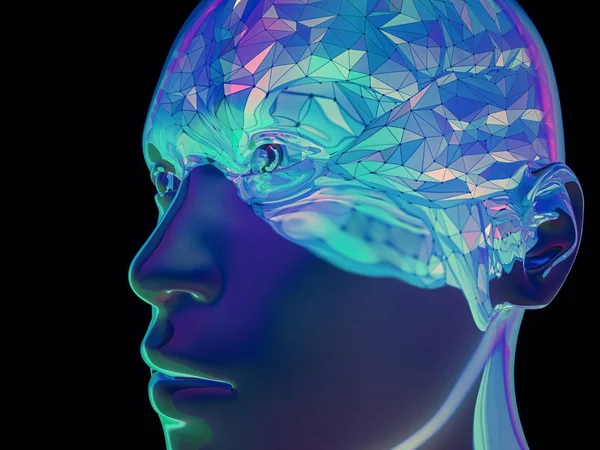 Illustration Crâne Réfractif Humain Transparent Avec Cerveau Coloré Style Polygone — Photo