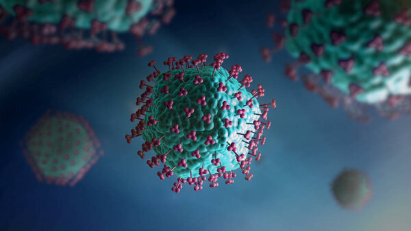 3D illustration of blue colored virus cells with sensors or receptors