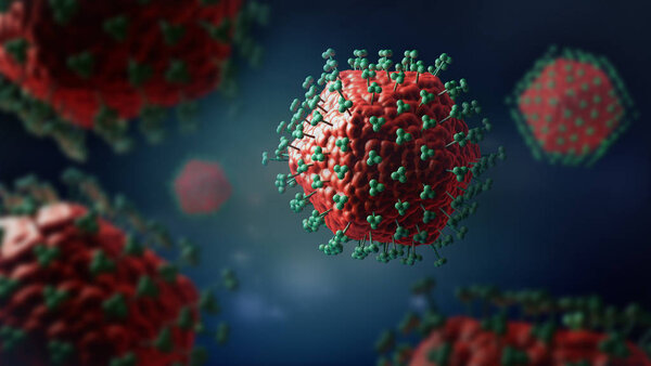 3D illustration of red colored virus cells with sensors or receptors