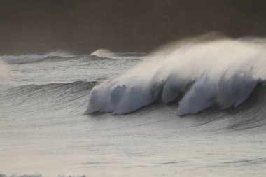 Sahilde kırılan dalgalar, sprey, beyaz su ve ışık suyun yüzeyine yansıyor..