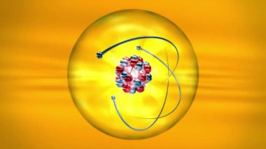 Atom çekirdeği, atomik kabuk ve sarı bir arka plan üzerinde yörüngedeki elektronlar