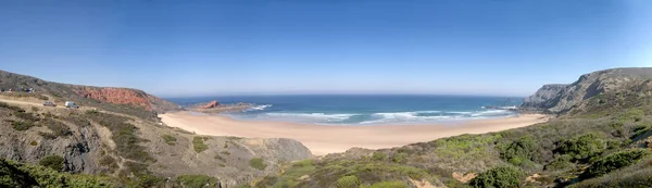 Panorama Imagem Uma Praia Baía Oceano Atlântico Com Areia Grama — Fotografia de Stock