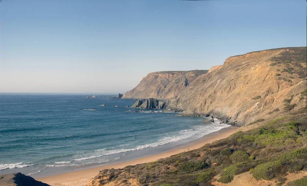 Panorama Imagem Uma Praia Baía Oceano Atlântico Com Areia Grama — Fotografia de Stock