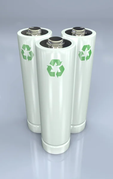Illustrazione Tre Batterie Bianche Piedi Con Simbolo Riciclaggio Allegato — Foto Stock