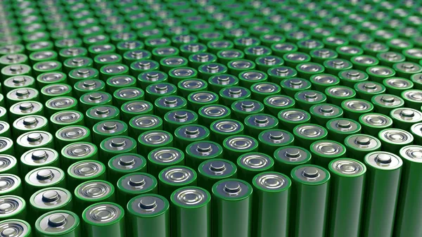 3d illustration of hundreds of green batteries all in a row