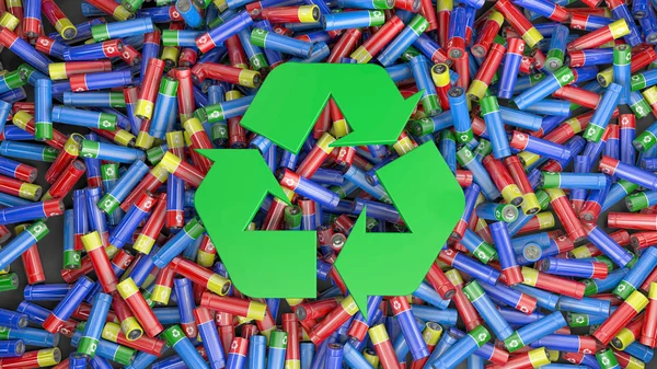 Иллюстрация Сотен Красочных Батарей Середине Зеленый Символ Утилизации — стоковое фото