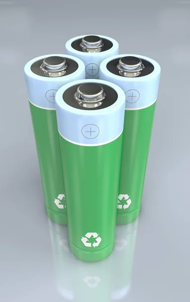 Illustration Fyra Stående Grön Och Blå Batterier Med Återvinning Symbol — Stockfoto