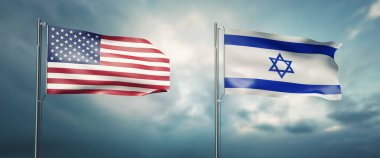 Birleşik Amerika Birleşik Devletleri ve İsrail, birbirilerine bakan ve bulutlu gökyüzü önünde rüzgarda hareketli 3D resimde iki Devlet bayrakları
