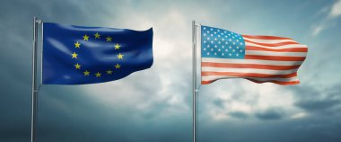 Avrupa Birliği ve Amerika Birleşik Devletleri of birbirine bakacak ve rüzgarın önünde bulutlu gökyüzü hareket iki devlet bayrak 3D çizimi