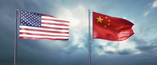 3d illustration two state flags of the united states of america and china, facing each other and moving in the wind in front of cloudy sky