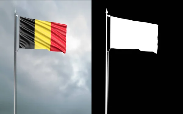 的例子比利时王国的国旗在风中移动在旗杆前面的多云天空与它的阿尔法渠道 — 图库照片