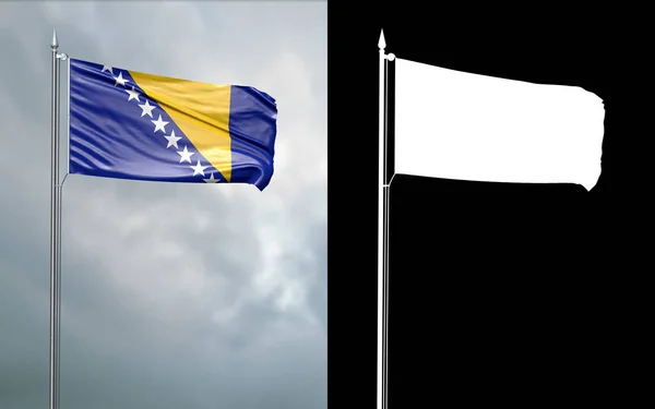 说明波斯尼亚和黑塞哥维那的国旗在风中移动在旗杆前的多云天空与它的阿尔法通道 — 图库照片
