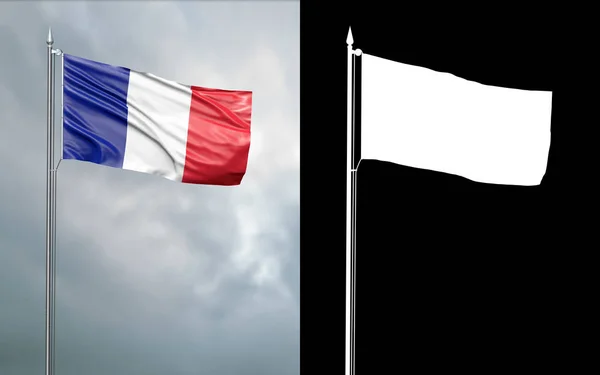 アルファチャンネルと曇り空の前で旗竿で風に移動フランス共和国の状態の旗の イラストレーション — ストック写真