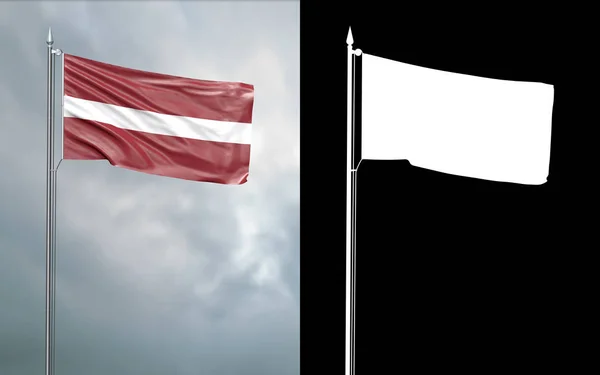 アルファチャンネルと曇り空の前で旗の風で移動ラトビア共和国の状態の旗の イラストレーション — ストック写真