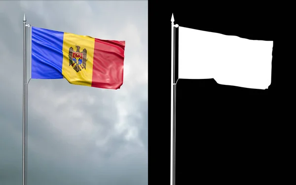 アルファチャンネルと曇り空の前で旗の風で移動モルドバの共和国の州の旗の イラストレーション — ストック写真