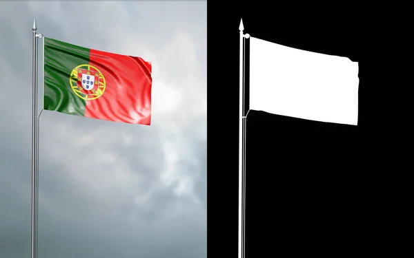说明葡萄牙共和国的国旗在风中移动在旗杆前的多云天空与它的阿尔法通道 — 图库照片