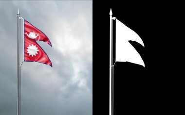3D 3d Cumhuriyeti, Federal Demokratik Cumhuriyeti alfa kanalını ile bulutlu bir gökyüzü önünde bayrak direği, rüzgarda hareketli Nepal Cumhuriyetinin devlet bayrağı Illustration Eyalet bayrağı resmi