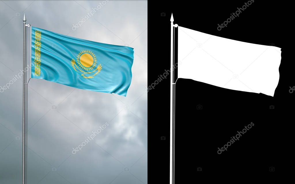 3d illustration of the state flag of the Republic of Kazakhstan moving in the wind at the flagpole in front of a cloudy sky with its alpha channel