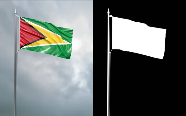 说明圭亚那合作共和国的国旗在风中移动在旗杆前的多云天空与它的阿尔法通道 — 图库照片