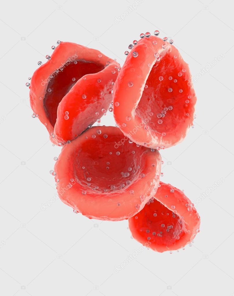 3d illustration of red blood cells that transport oxygen adhering to them through the bloodstream