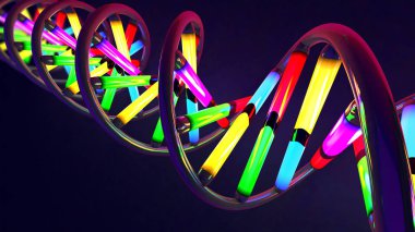 çok renkli neon ışık gibi bükülmüş Dna dizisi 3D çizimi yapılmış cam ve metal