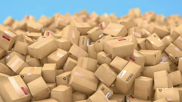 3d illustration of hundreds of cardboard parcels lying on a heap