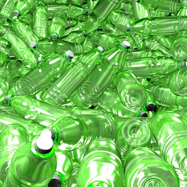 3D ilustracja setek plastikowe butelki do picia szalenie mieszane na duże sterty — Zdjęcie stockowe