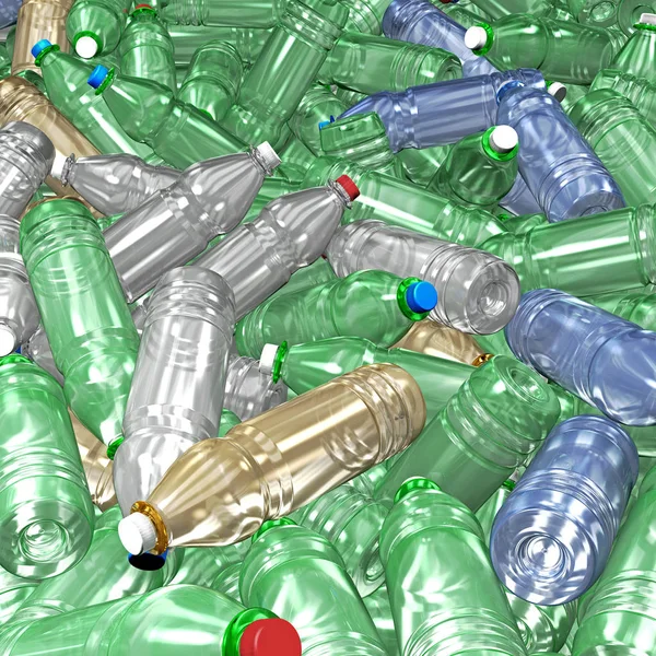 Illustration 3D de centaines de bouteilles en plastique sauvagement mélangées sur un grand tas — Photo