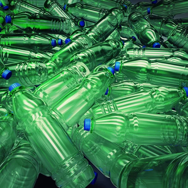 Illustration 3D de centaines de bouteilles en plastique sauvagement mélangées sur un grand tas — Photo