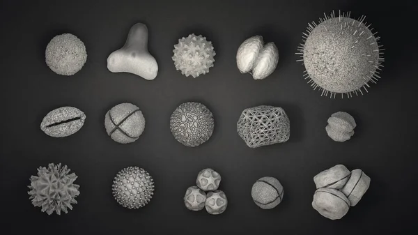 3d illustration of many different pollen bodies in black and white — Stock Photo, Image