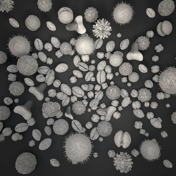 3D ilustrace mnoha různých pylu těl v černé a bílé — Stock fotografie