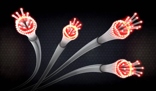 3d illustration of optical light guide cables in grez and red with open ends which shine very brightly
