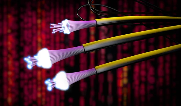 3d illustration of optical light guide cables in different colors with open ends which shine very brightly