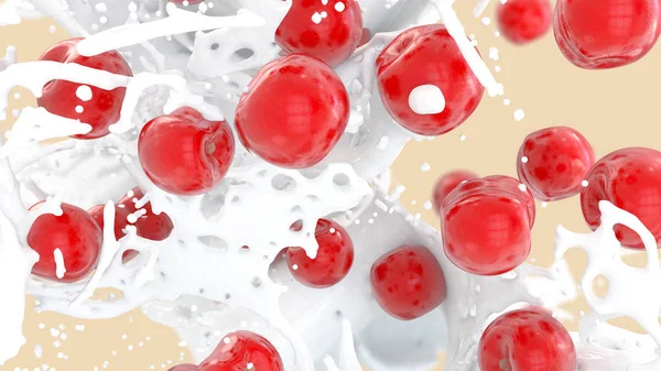 3D obrázek close-up ovocný nápoj s krémem a třešněmi — Stock fotografie
