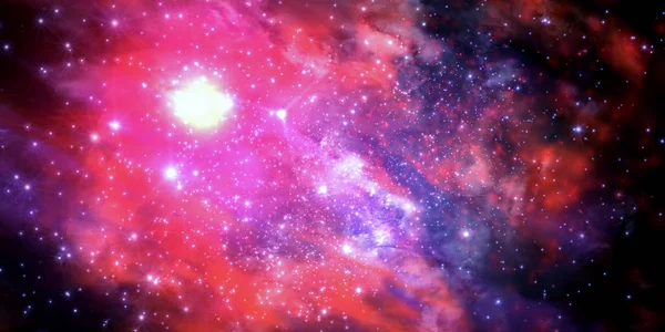Ilustrație a unui câmp stelar fictiv, nebuloase întunecate, soare strălucitor și galaxii — Fotografie, imagine de stoc
