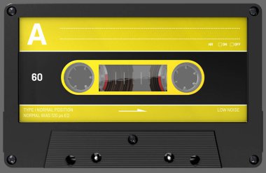 Sarı ve siyah ses kaset 3D resimde etiket ve etiket ile