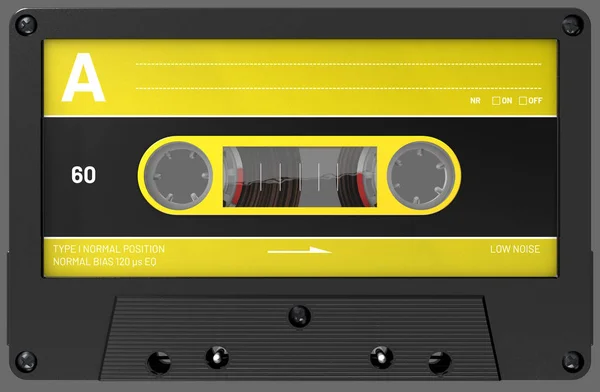 Illustration 3D d'une cassette audio jaune et noire avec autocollant et étiquette — Photo