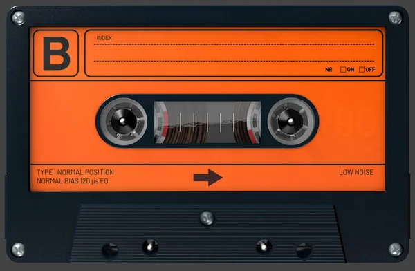 Ilustração 3d de uma cassete de áudio laranja e preta com etiqueta e etiqueta — Fotografia de Stock