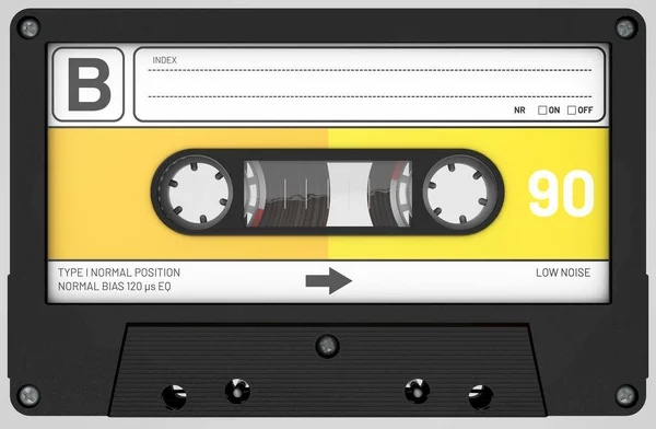 Illustrazione 3d di una cassetta audio nera con adesivo ed etichetta — Foto Stock