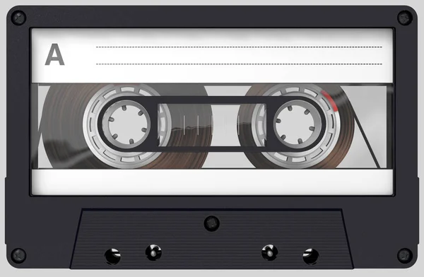 Illustration 3D d'une cassette audio noire et transparente avec autocollant et étiquette — Photo