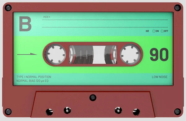 Illustrazione 3d di una audiocassetta rossa con adesivo ed etichetta — Foto Stock