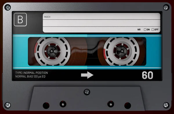 Illustration 3D d'une cassette audio noire avec autocollant et étiquette — Photo