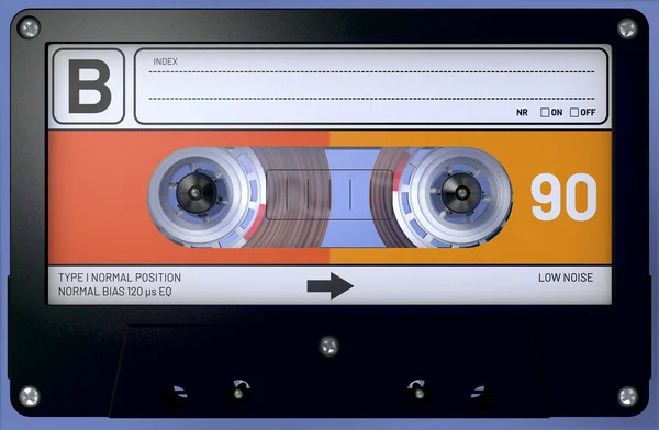 Ilustracja 3D Czarny kasety audio z naklejki i etykiety — Zdjęcie stockowe