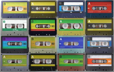 bir retro ve vintage ses kasetleri veya farklı renkli Etiketler ses kasetleri çok 3D çizim