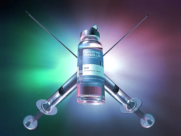 Två korsade sprutor bakom en penicillin injektions flaska eller ampull-3D illustration — Stockfoto