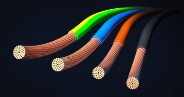 4 çekirdekli güç kabloları veya güç kaynağı standart renklerde sarı, kahverengi ve sarı yeşil çizgili-3D illüstrasyon