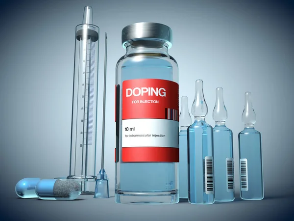 Doping stoffen in een flacon, in ampullen en in capsule vorm en injectiespuit-3D illustratie — Stockfoto