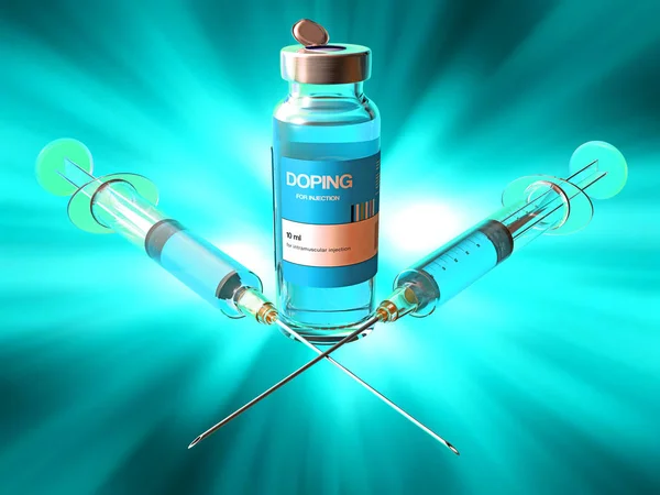 Dopingová droga v ampulce se dvěma injektážní jehlami-3D ilustrace — Stock fotografie