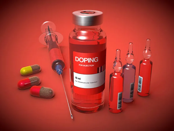Doping stoffen in een flacon, in ampullen en in capsule vorm en injectiespuit-3D illustratie — Stockfoto