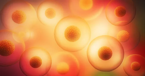 Células transparentes com núcleo sobre fundo amarelo - Ilustração 3d — Fotografia de Stock